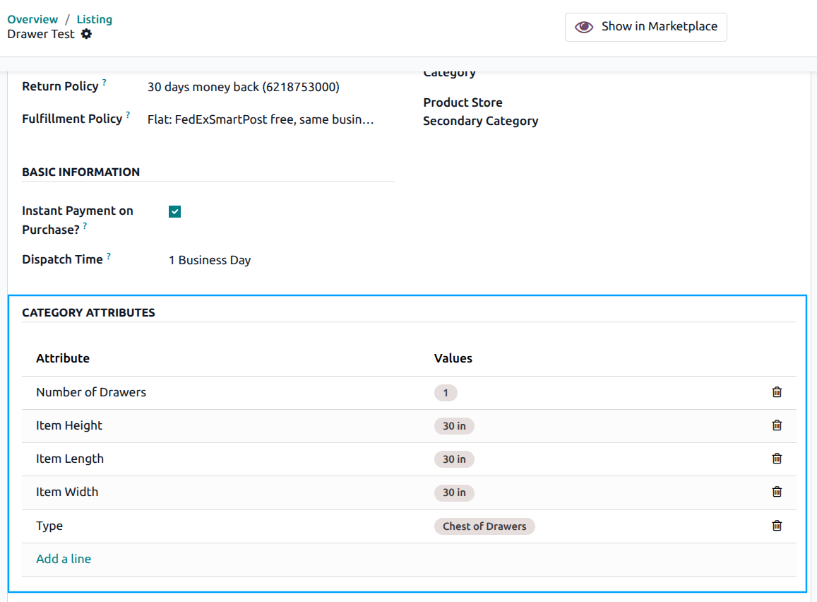 Listing form with category attributes section