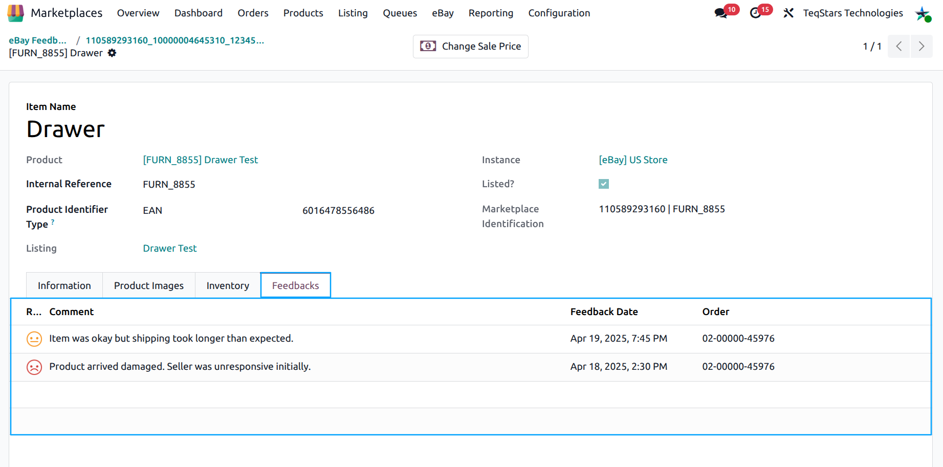 listing items form with eBay feedbacks tab