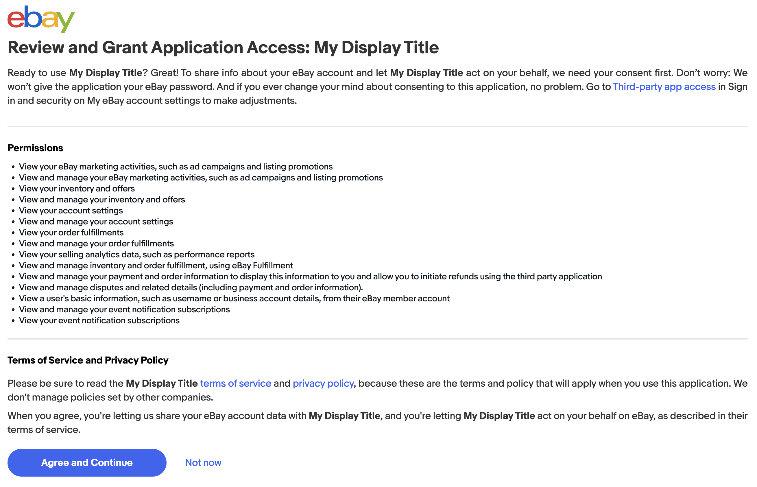 eBay OAuth consent page showing requested permissions