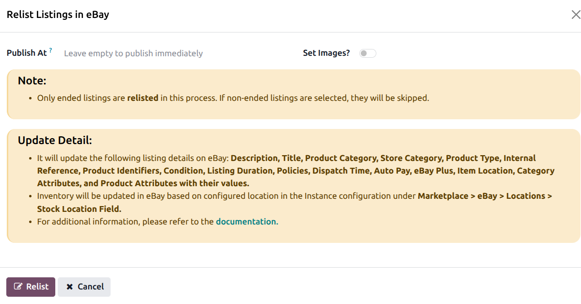 Relist Listing Popup