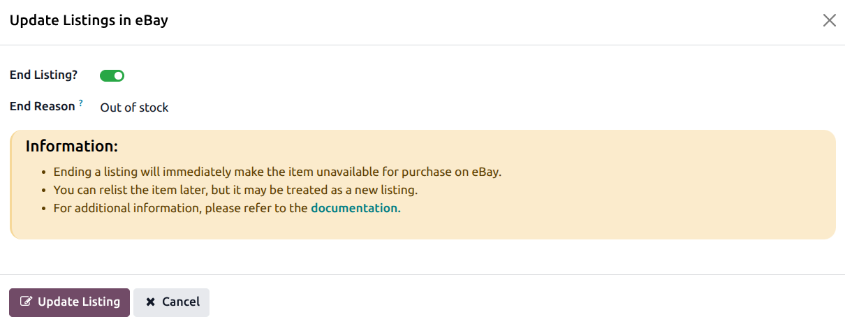 Update listing popup with End Listing enabled and end reason selection