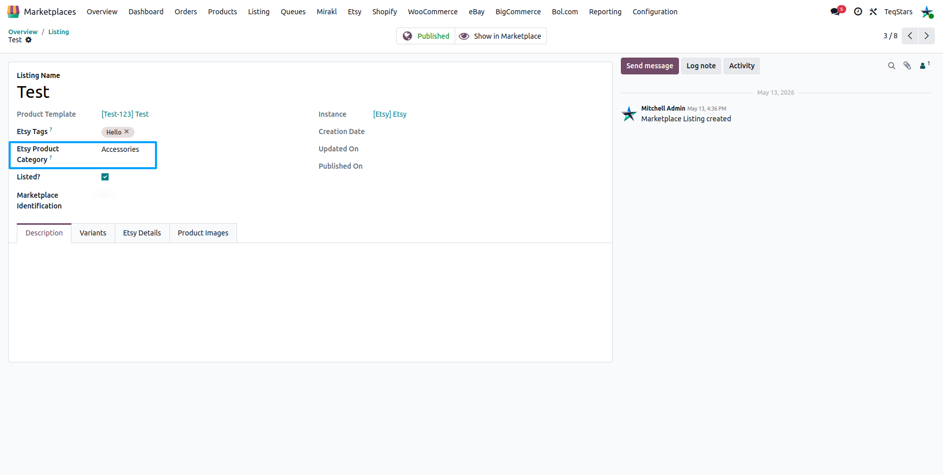 Etsy category set on a listing in Odoo