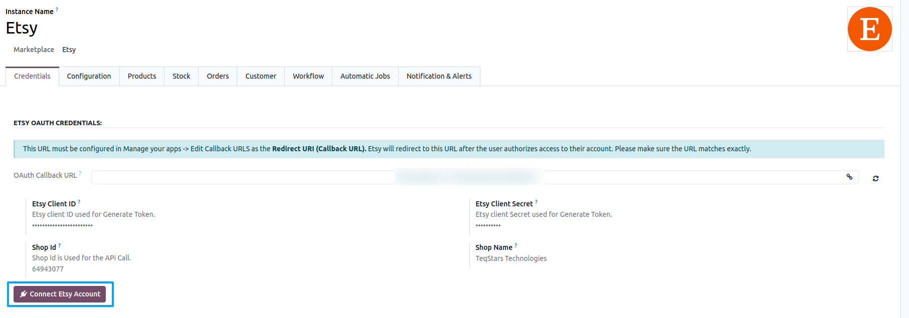 Etsy instance with Connect Etsy Account button