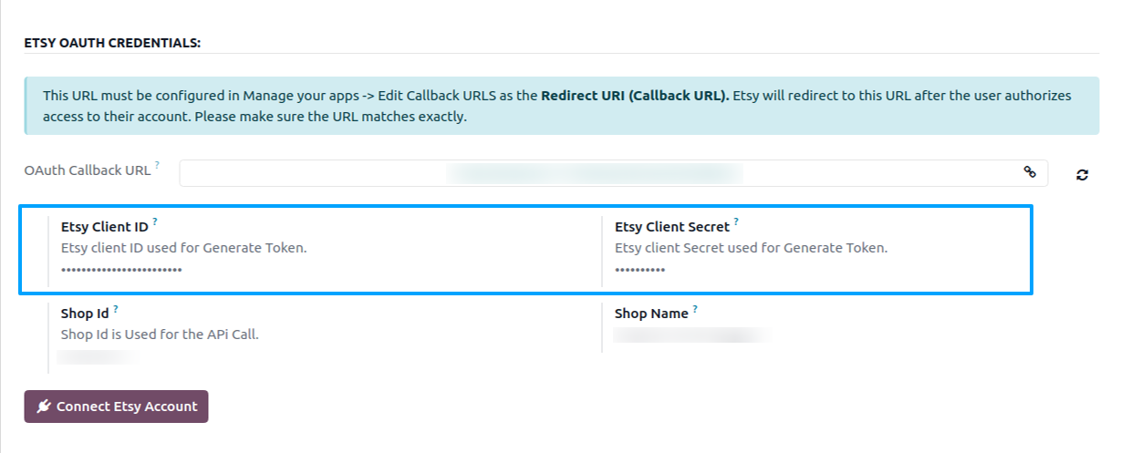 Etsy instance credentials tab with Client ID and Client Secret fields