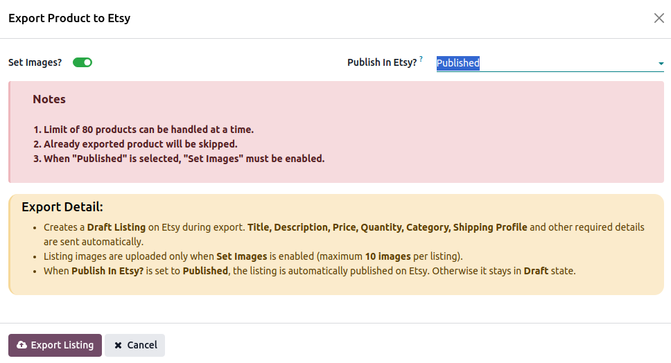 Export Listing Option Popup