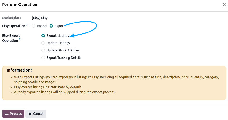 Etsy Listing Export Screen