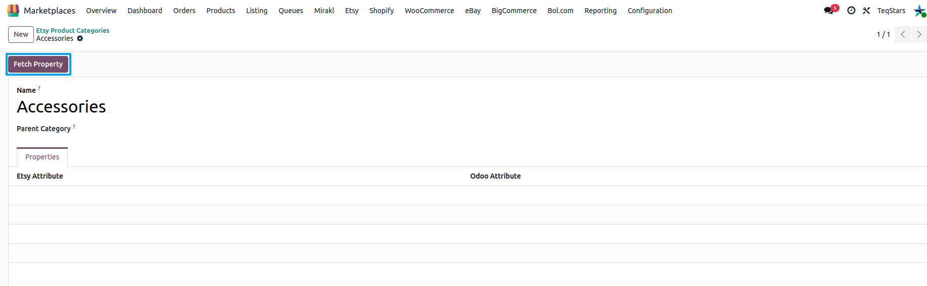 Fetch Properties button on an Etsy category