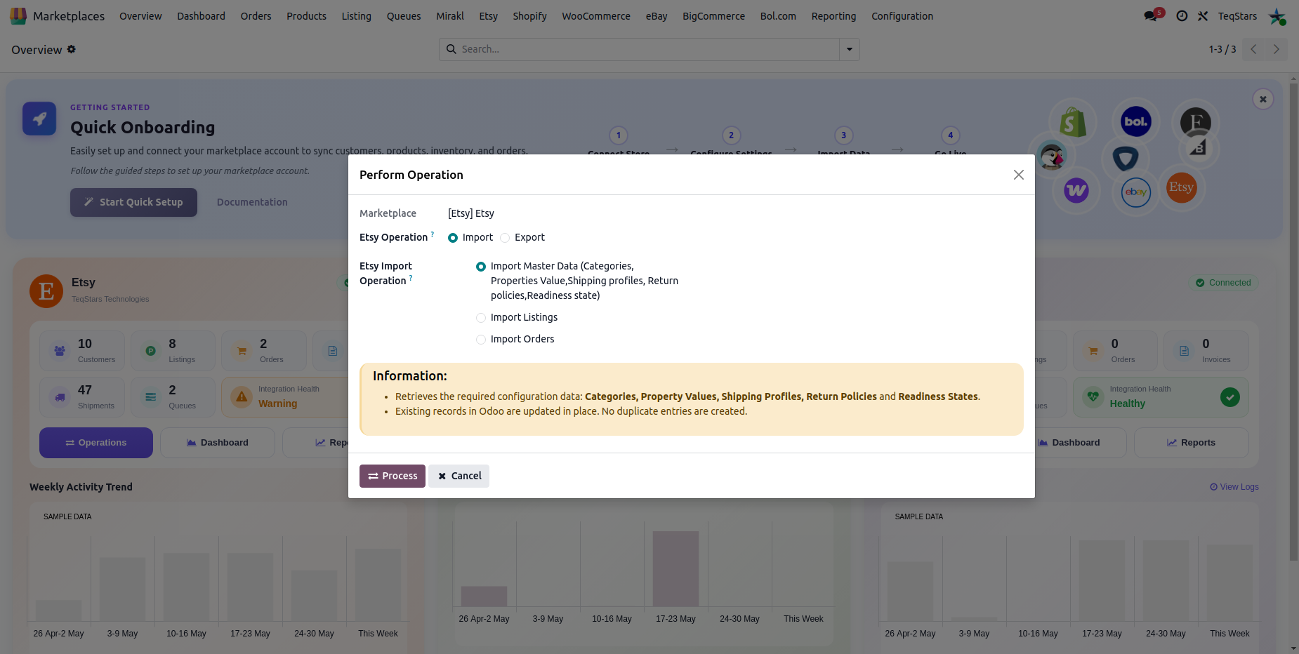 Etsy Master Data Import Screen