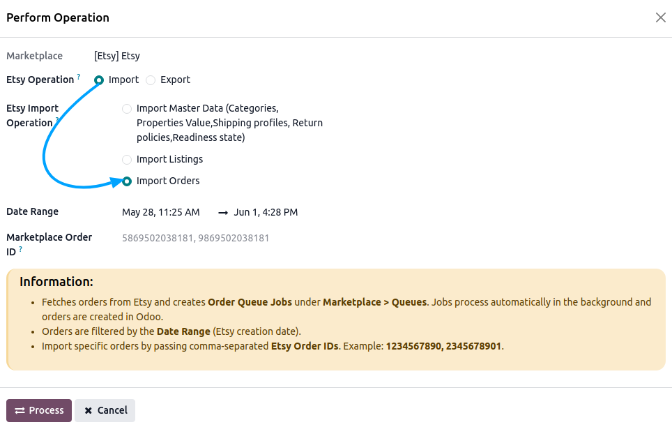 Etsy Order Import Screen