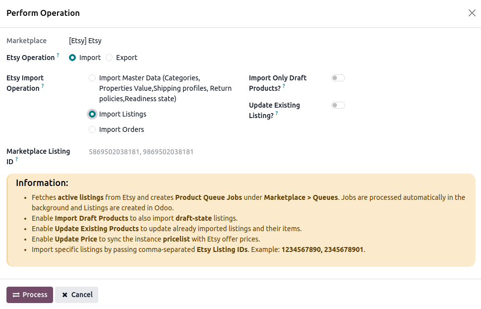 Etsy Listing Import Screen