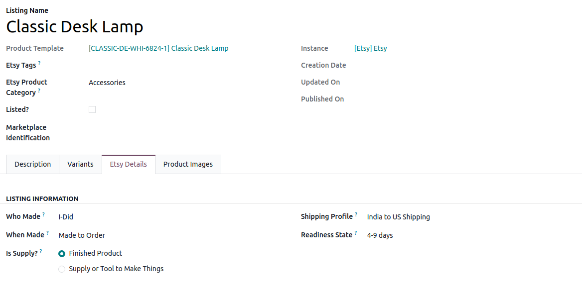 Listing form with Etsy details