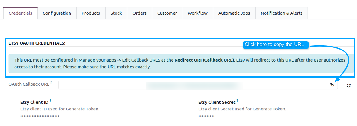Etsy instance OAuth Callback URL field with copy button