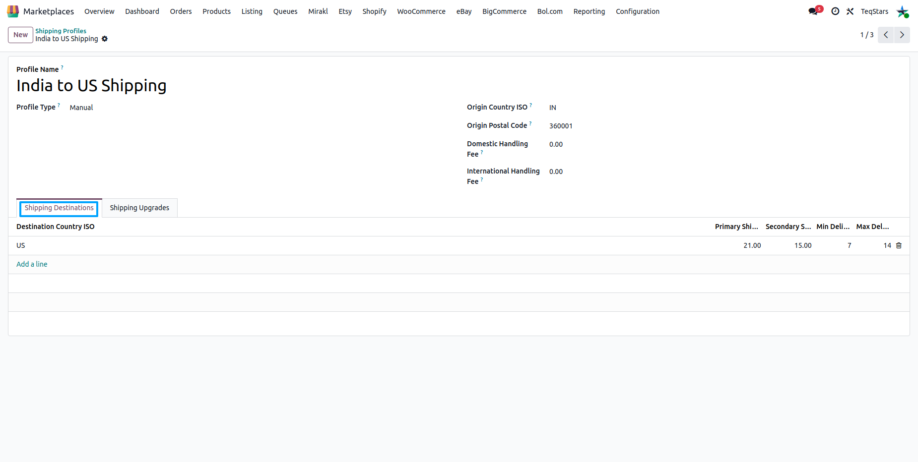 Destinations tab on an Etsy shipping profile