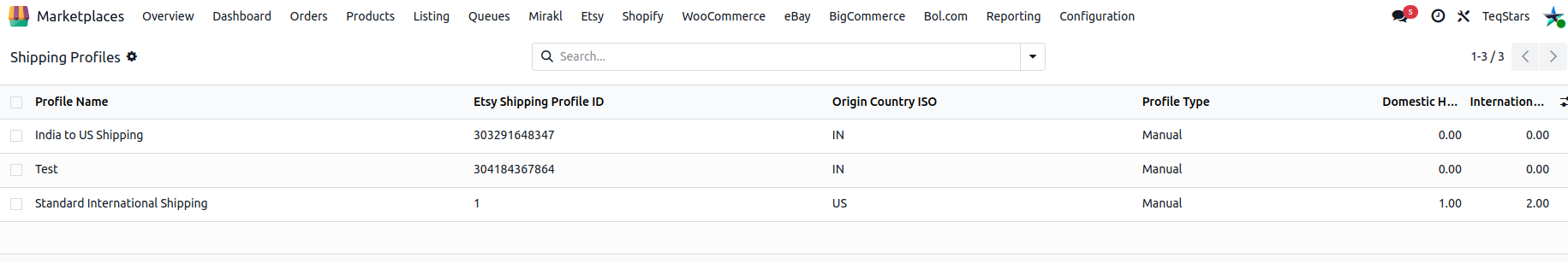 Etsy Shipping Profiles list in Odoo