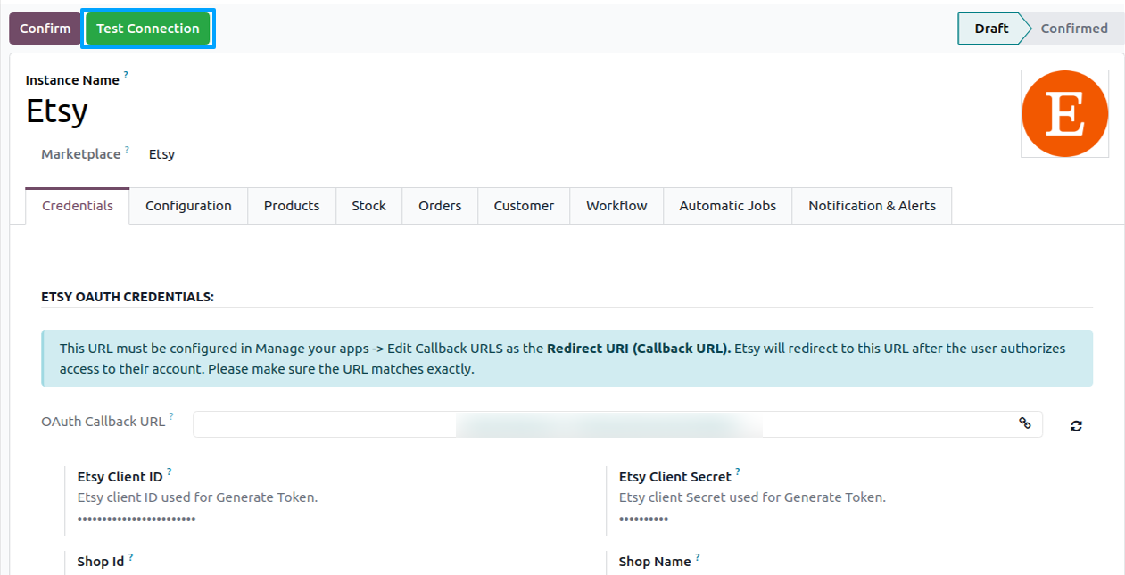 Etsy instance with Test Connection button