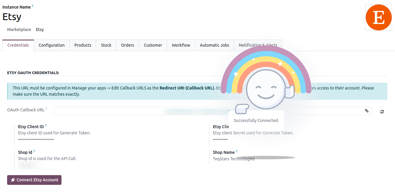 Etsy Test Connection success message