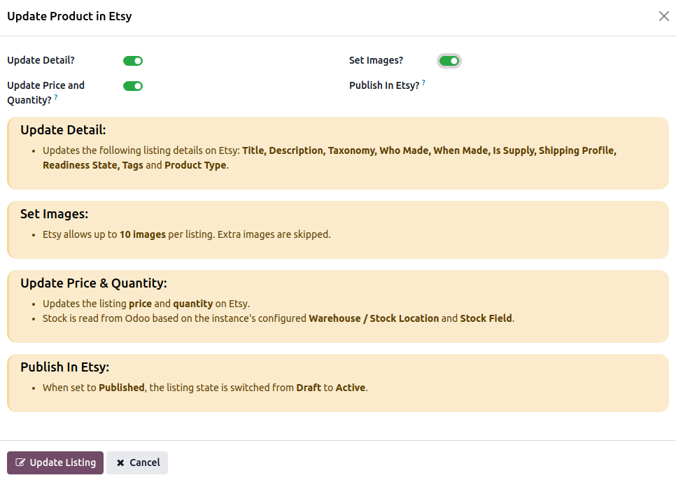 Update Listing Option Popup