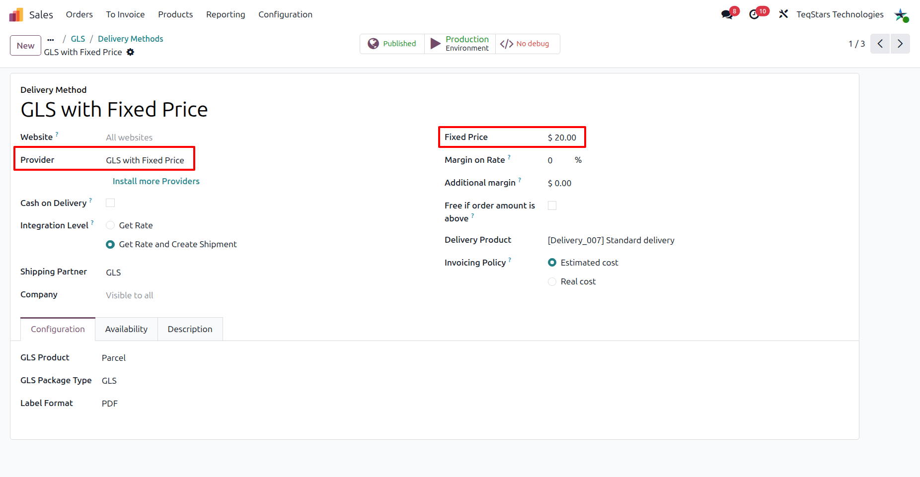 Configuring the GLS Delivery Method with Fixed Price.