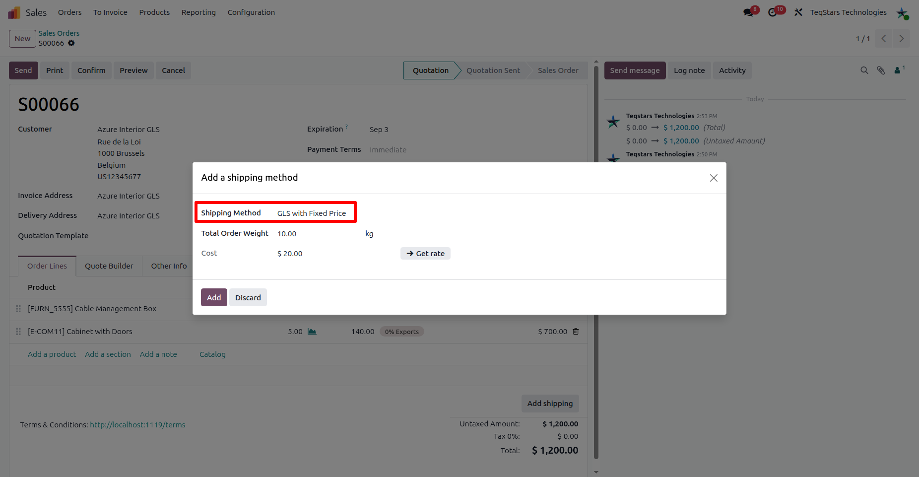 Get rate by selecting GLS Fixed Price Delivery Method on Sale Order.