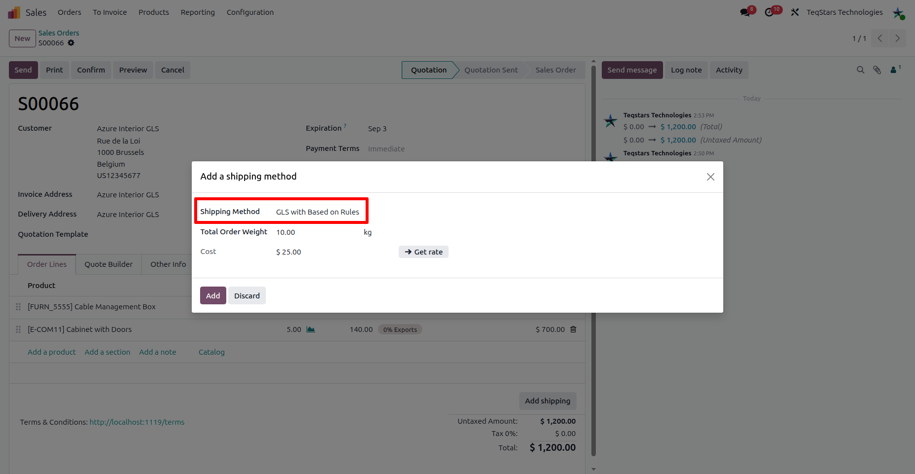 Get rate by selecting GLS Based on Rule Delivery Method on Sale Order.