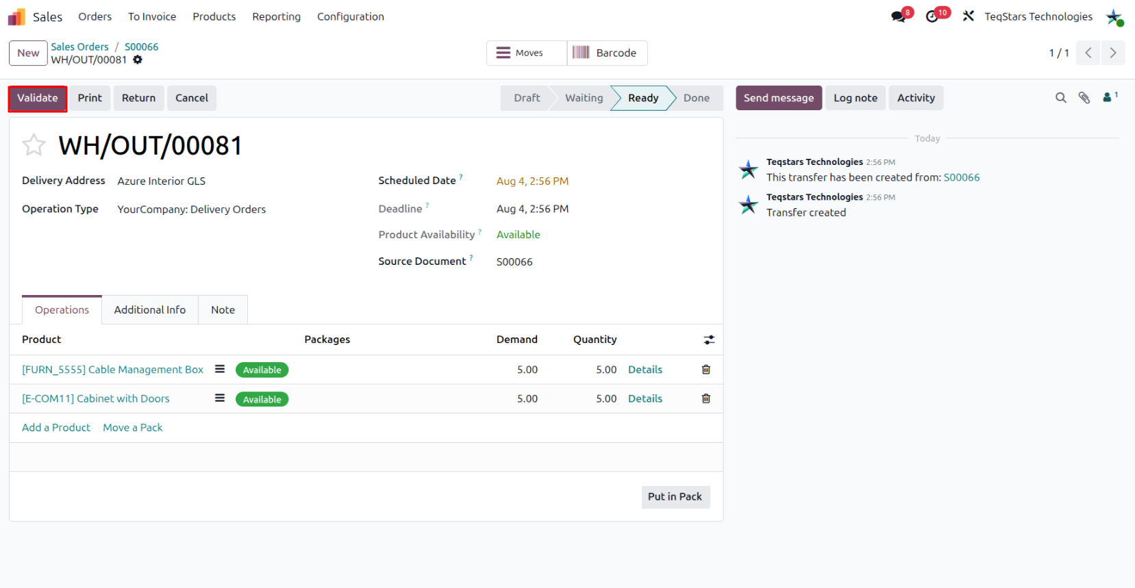 Validate the delivery order to create the GLS shipment.