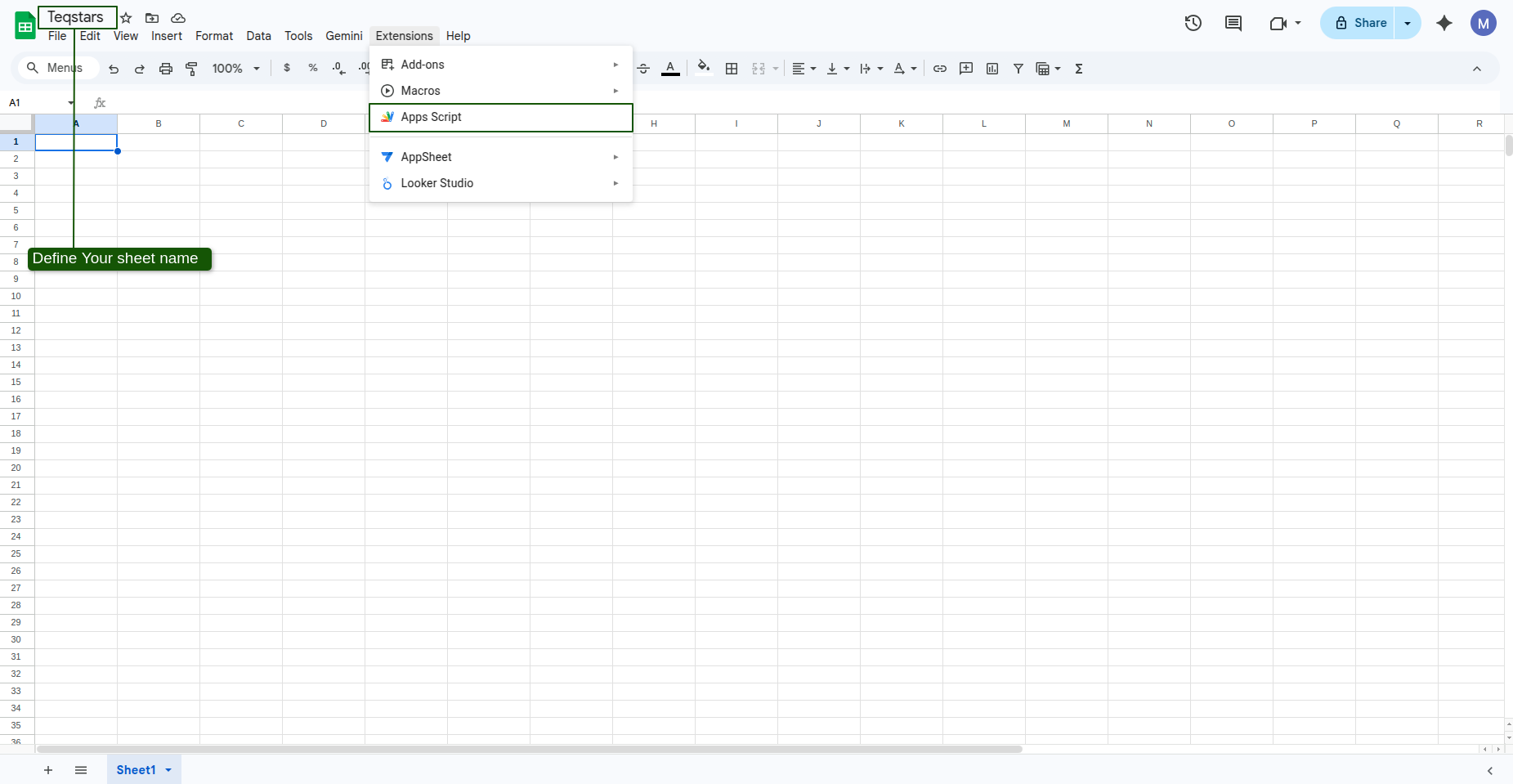 Open Apps Script in Google Sheets Extensions Menu