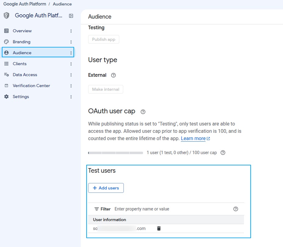 Test users on the Google Auth Platform Audience page