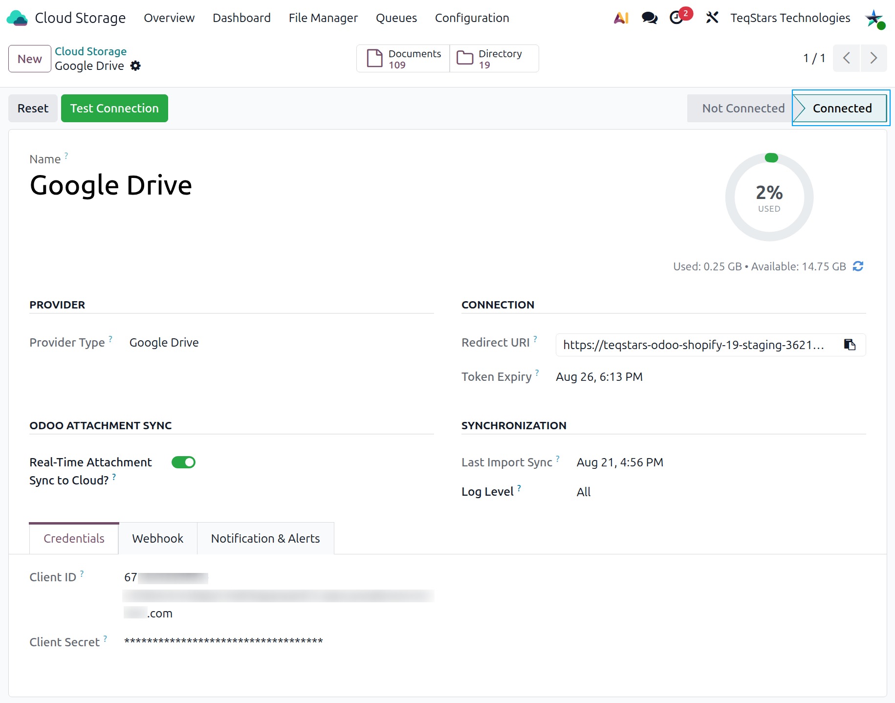 Connected Google Drive provider in Odoo showing the storage gauge