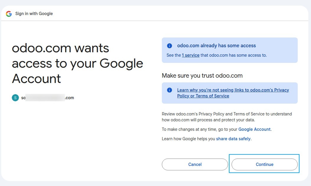 Google permission request with the Continue button