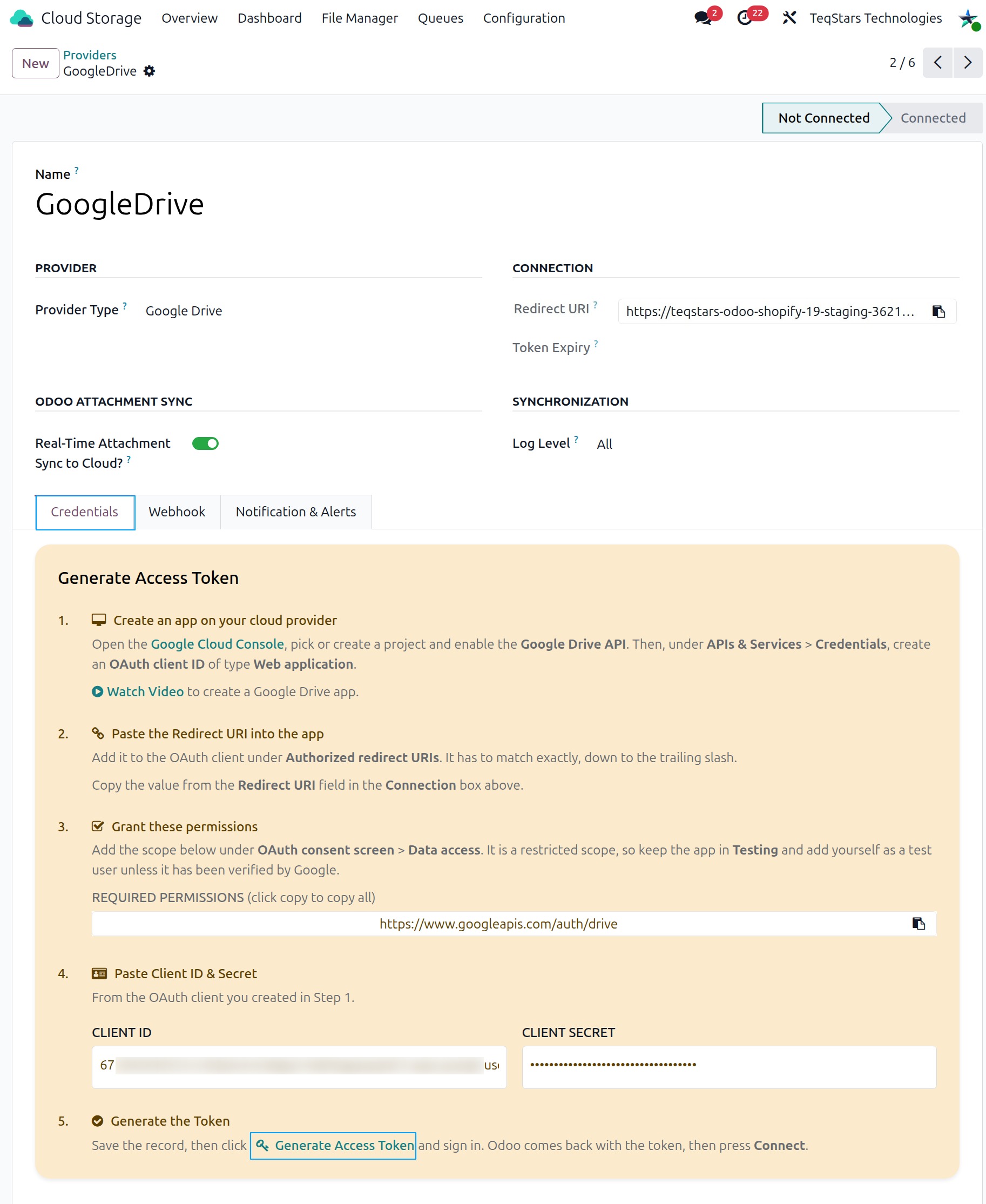 Generate Access Token on the Credentials tab of the Google Drive provider