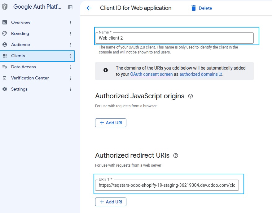 Authorised redirect URIs on the OAuth client