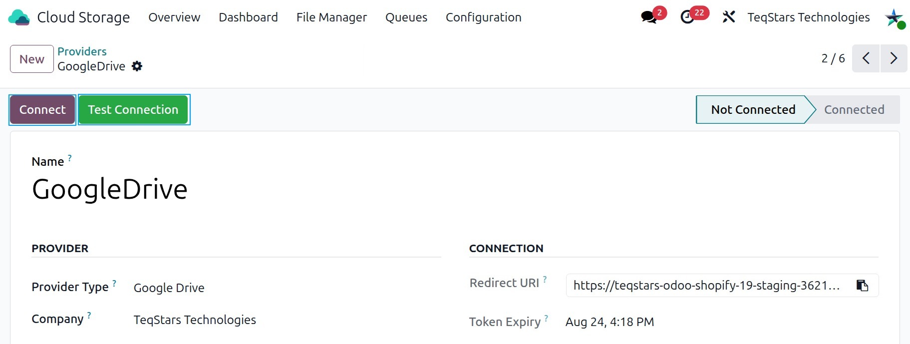 Connect and Test Connection buttons on the Google Drive provider form