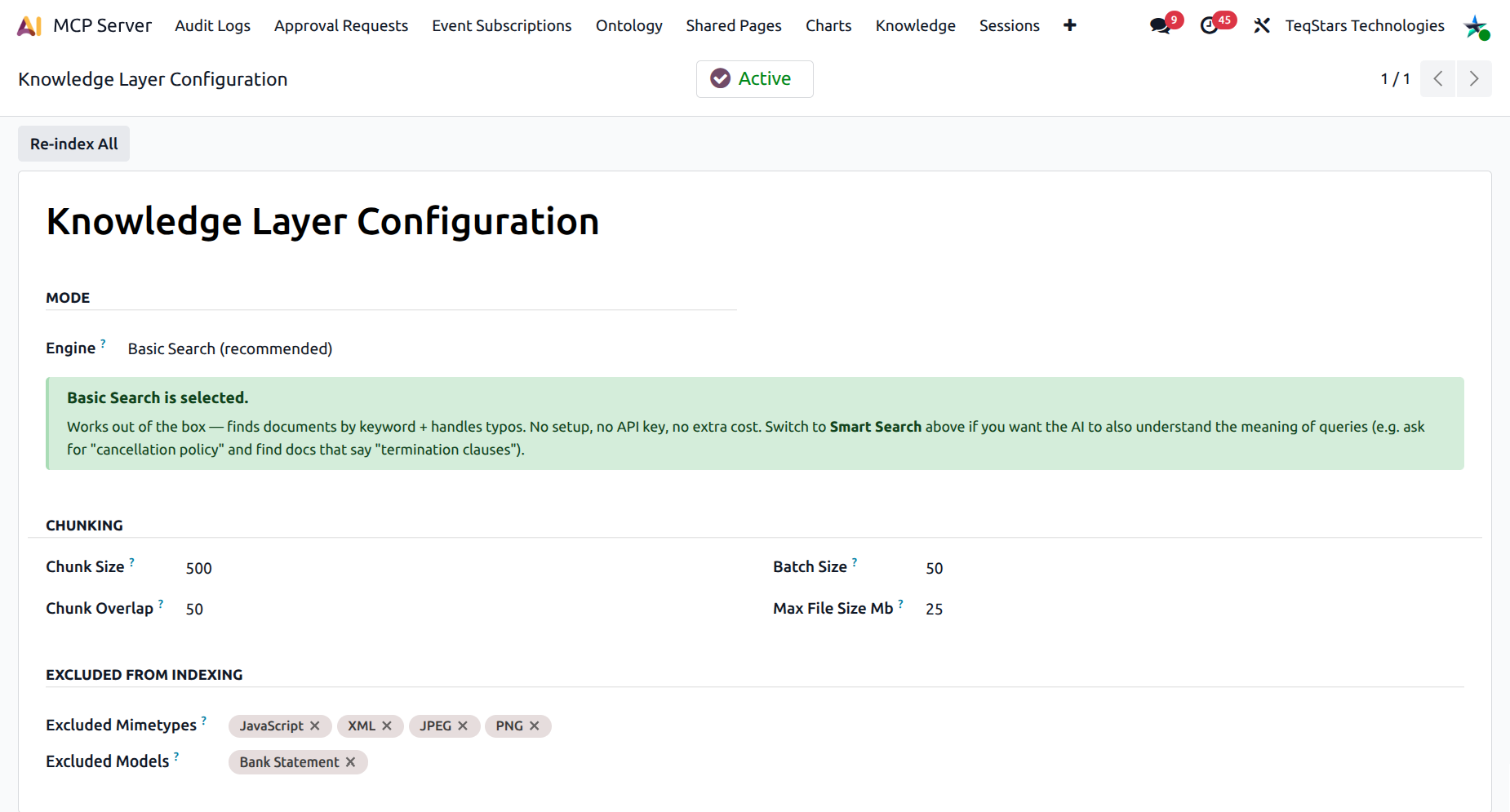 Knowledge Layer Configuration form with the Paused / Active smart toggle at the top right, the Mode selector, and the Smart Search setup banner