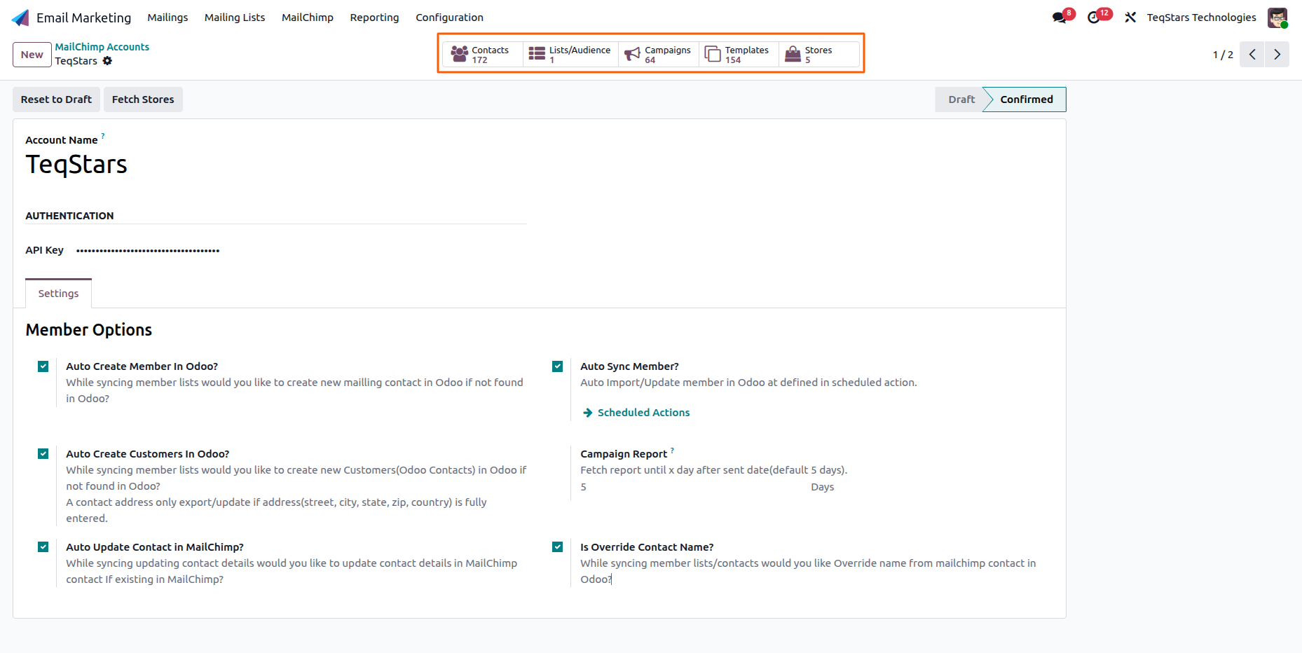Confirmed MailChimp account with stat buttons for Contacts, Lists, Campaigns, Templates and Stores