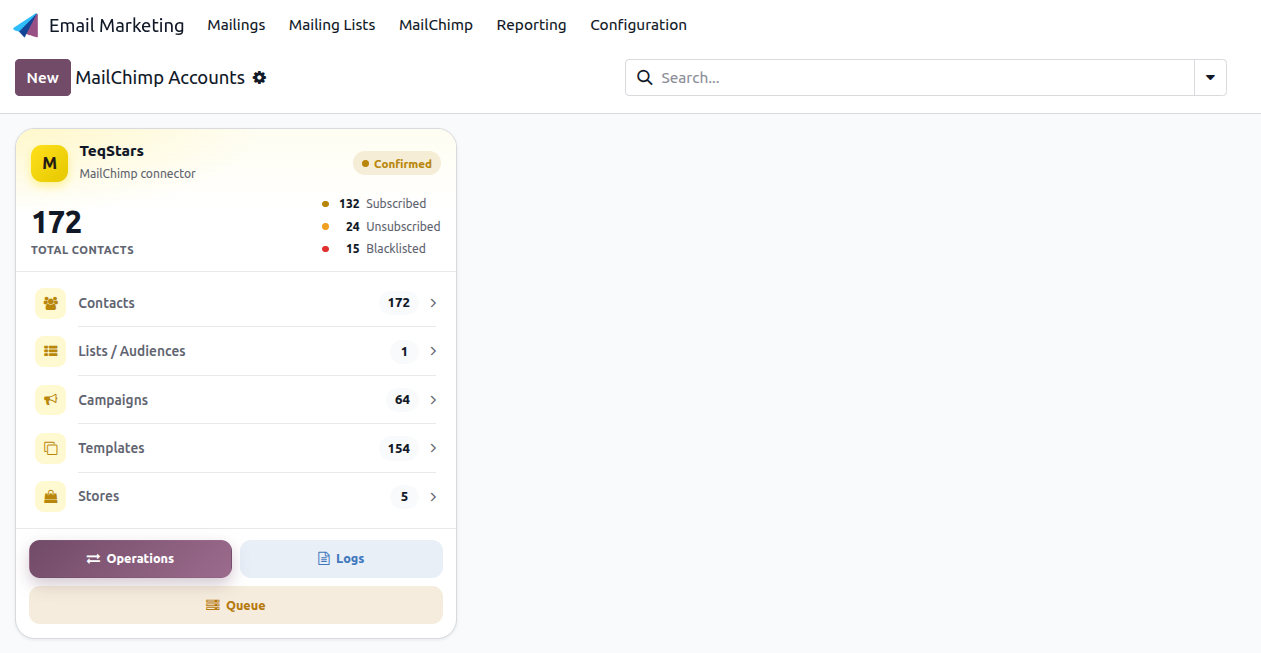 MailChimp accounts dashboard in Odoo