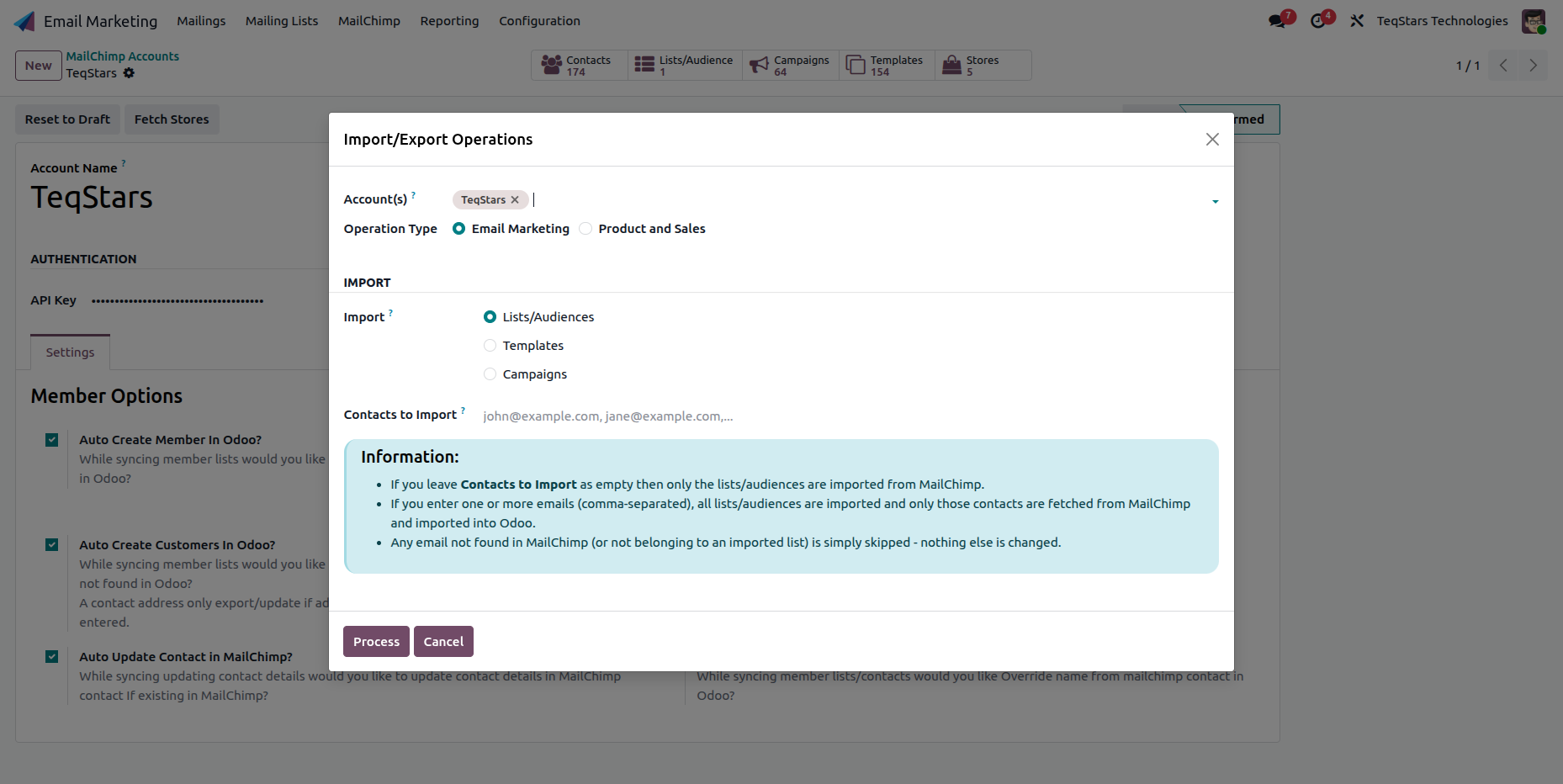 MailChimp Import/Export Operations wizard