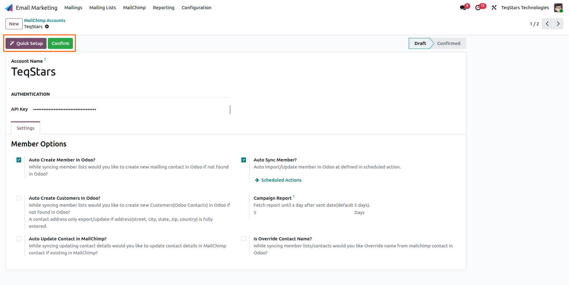 New MailChimp account form in Draft, with Quick Setup and Confirm