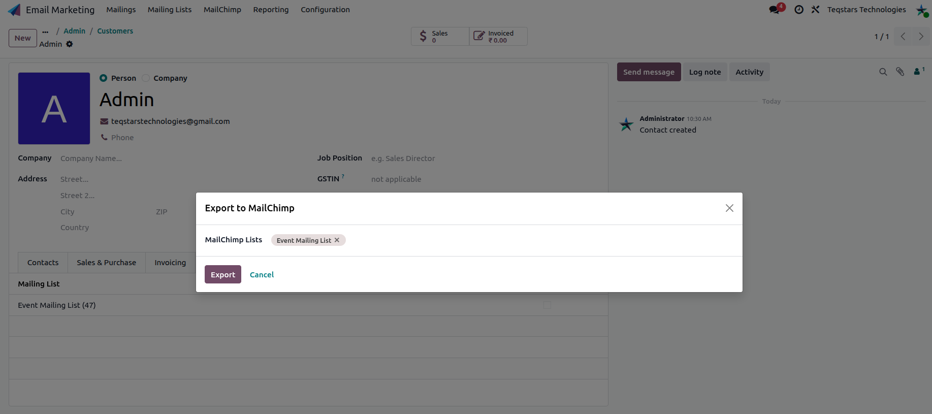 Export to MailChimp list-selection wizard