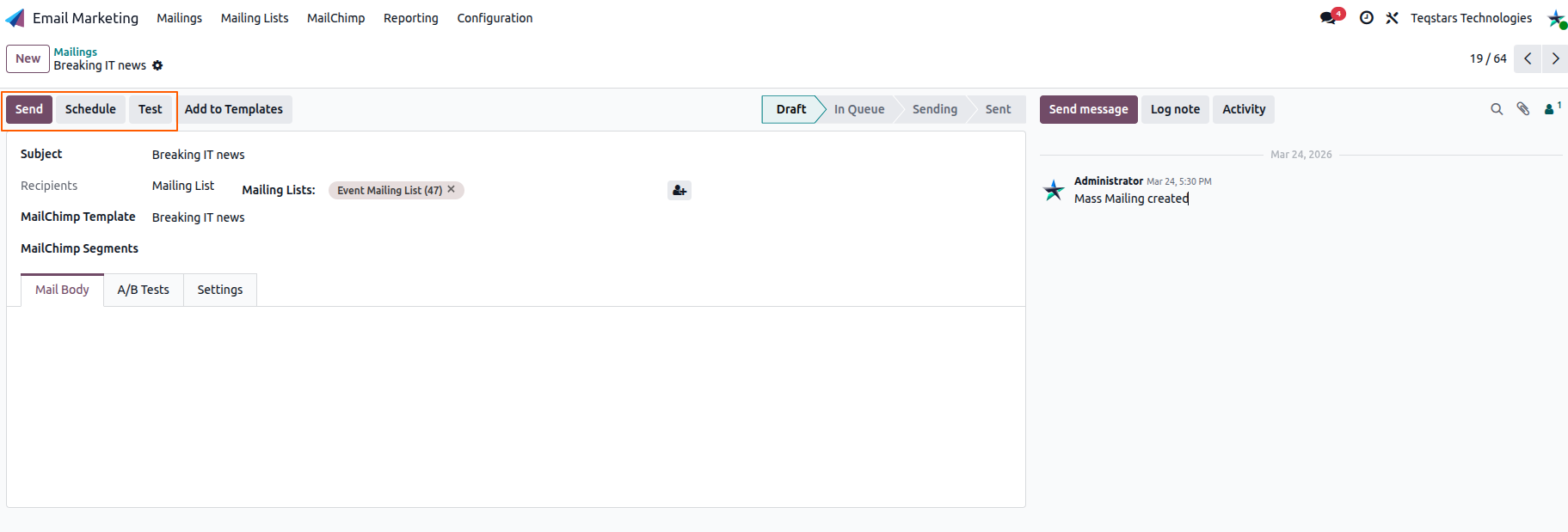 MailChimp campaign form with template and segment