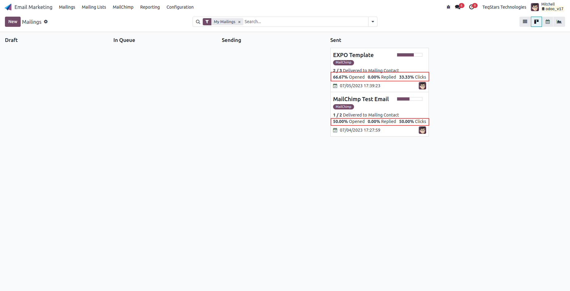 MailChimp campaigns in the Mailings view