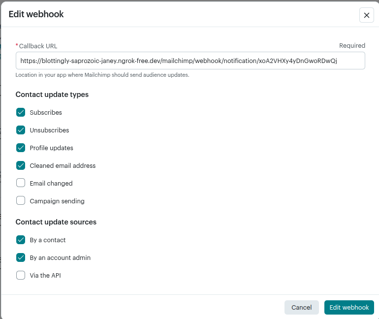 Enter the webhook URL in MailChimp