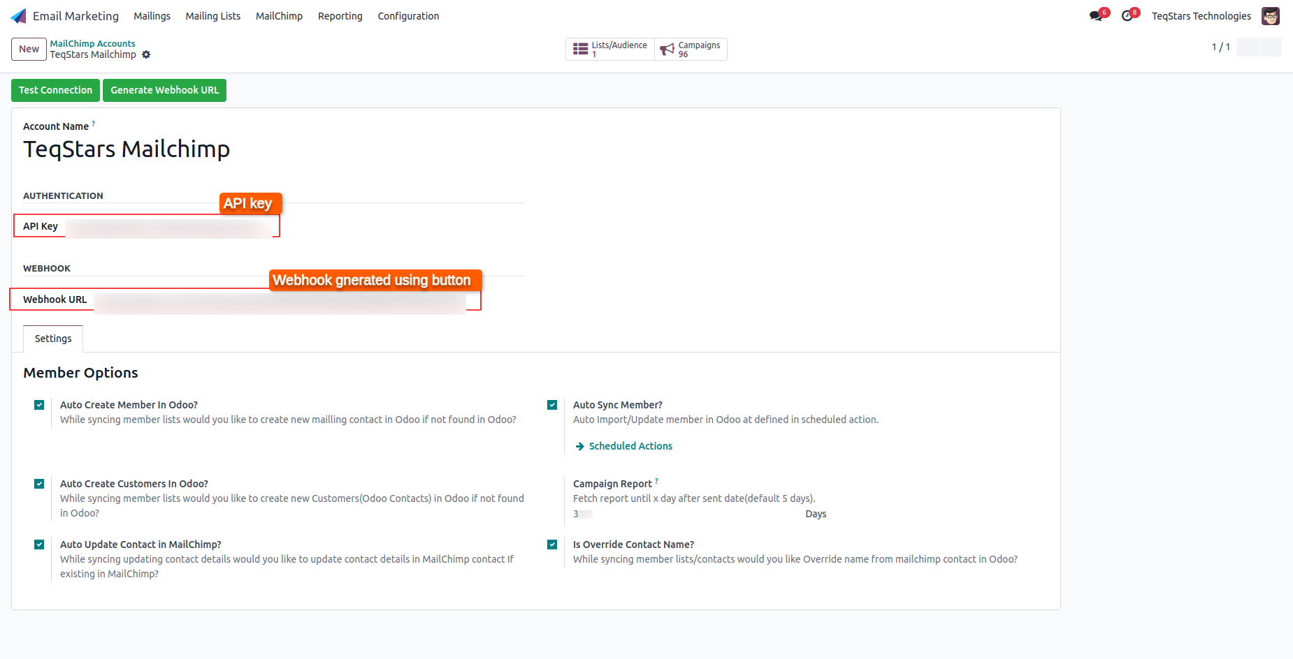 Generate the webhook URL in Odoo