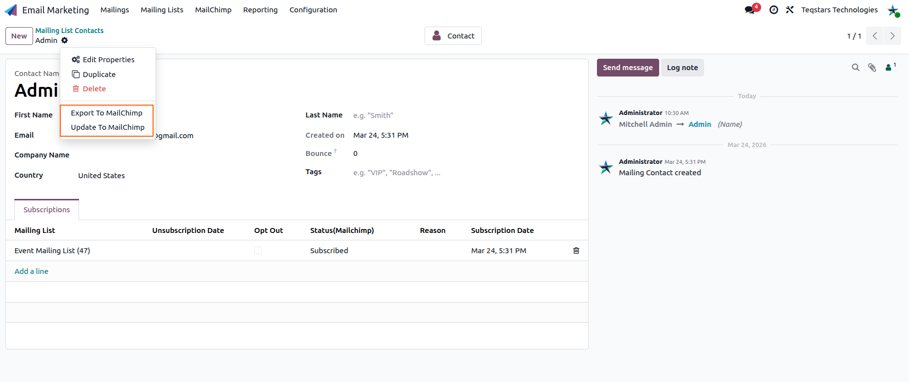 Export or update a mailing contact to MailChimp
