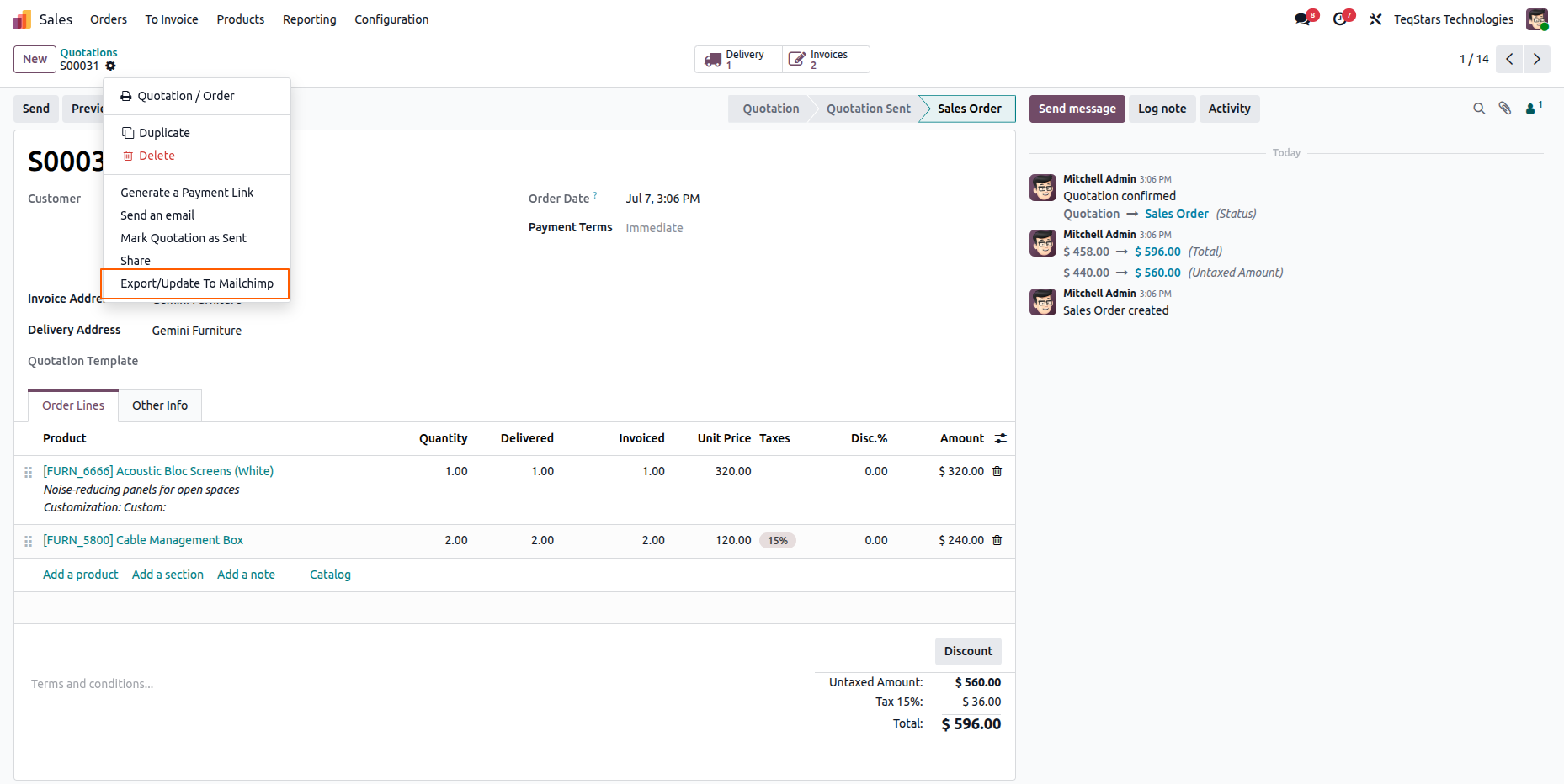 Export or update a sale order to MailChimp