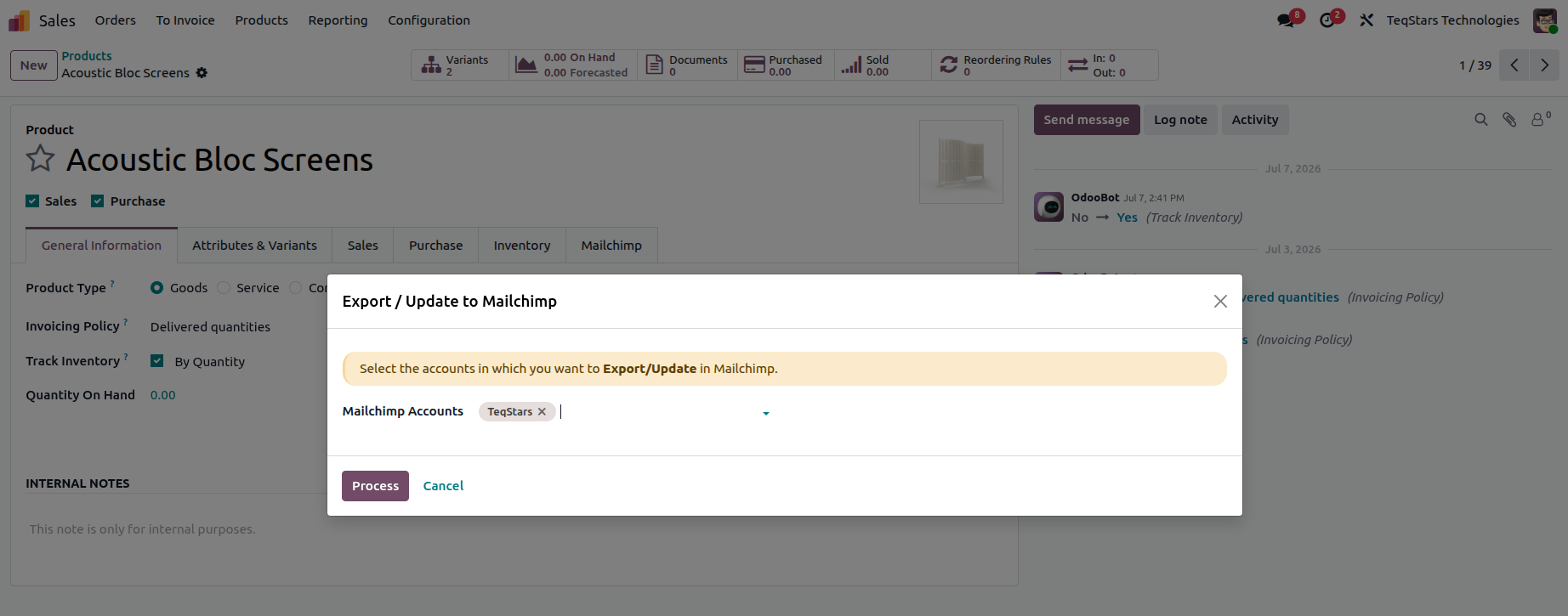 Export a product to MailChimp