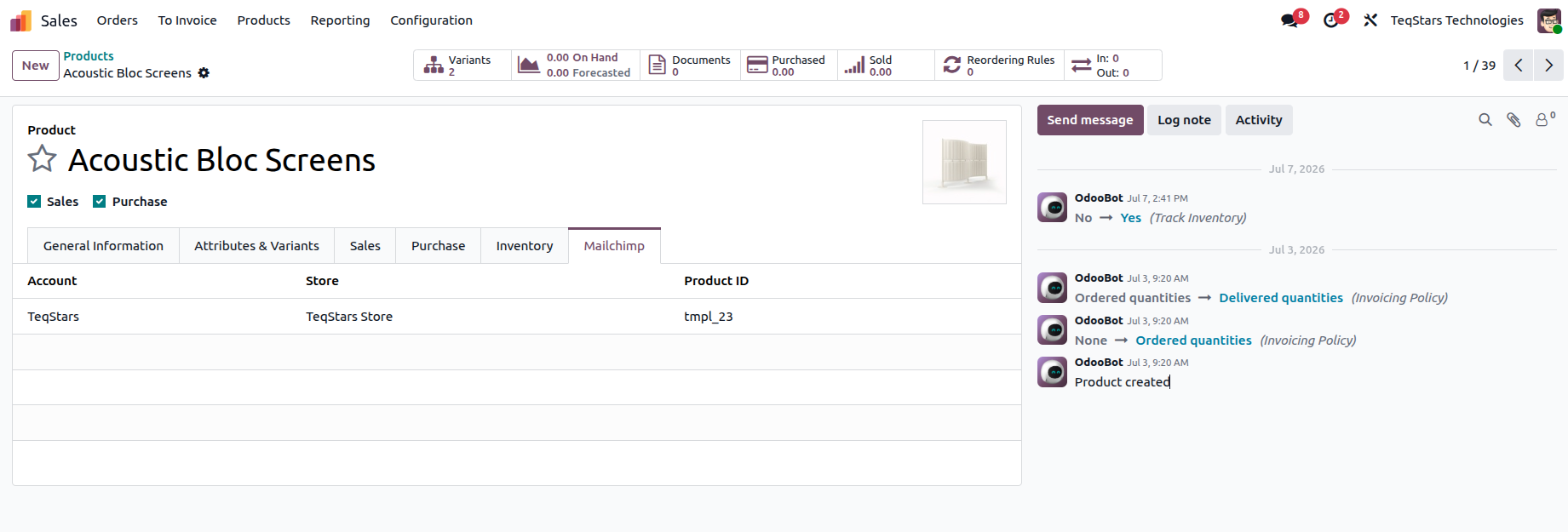 Mailchimp tab on an Odoo product template