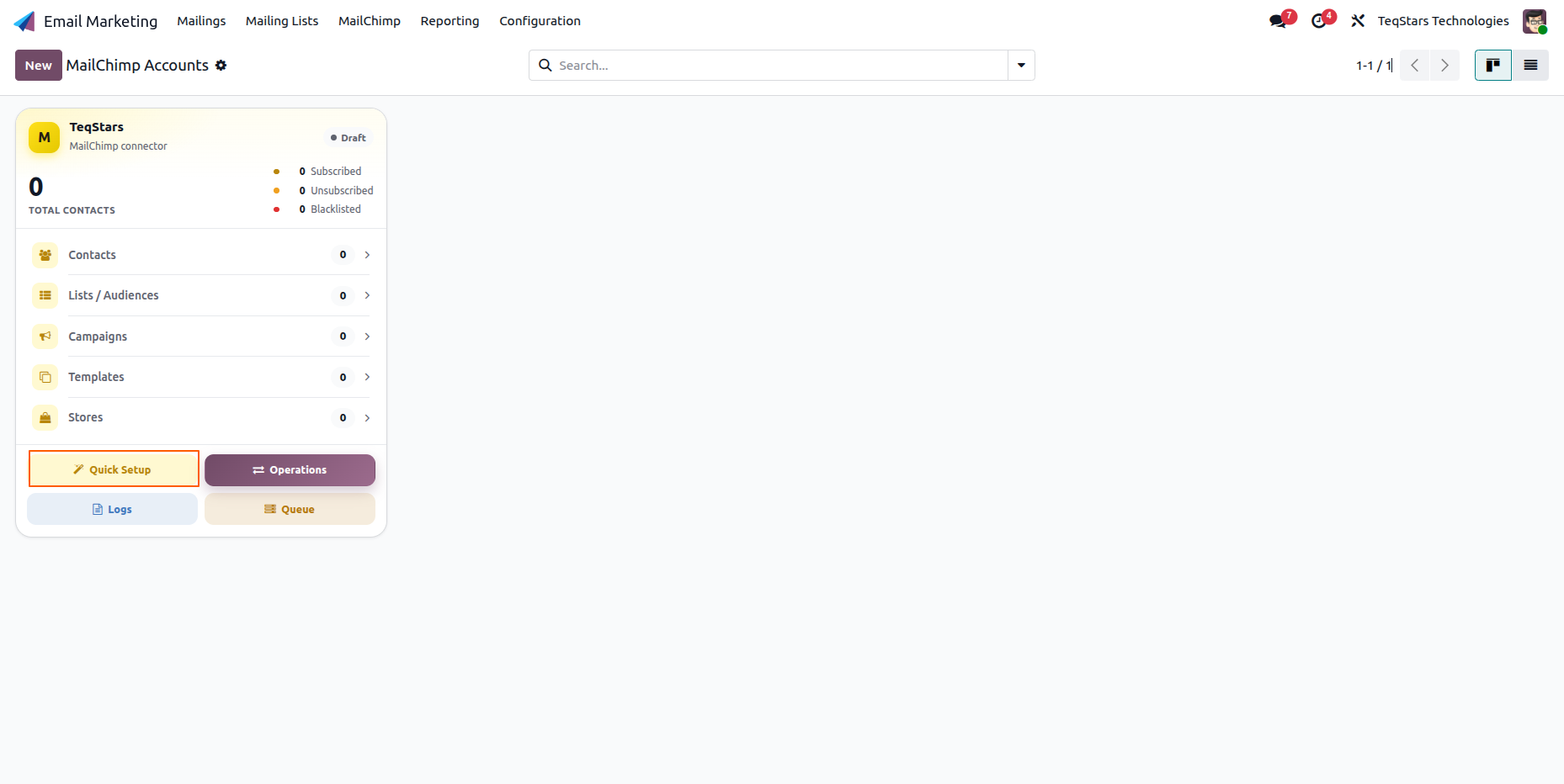 Quick Setup button on the account dashboard