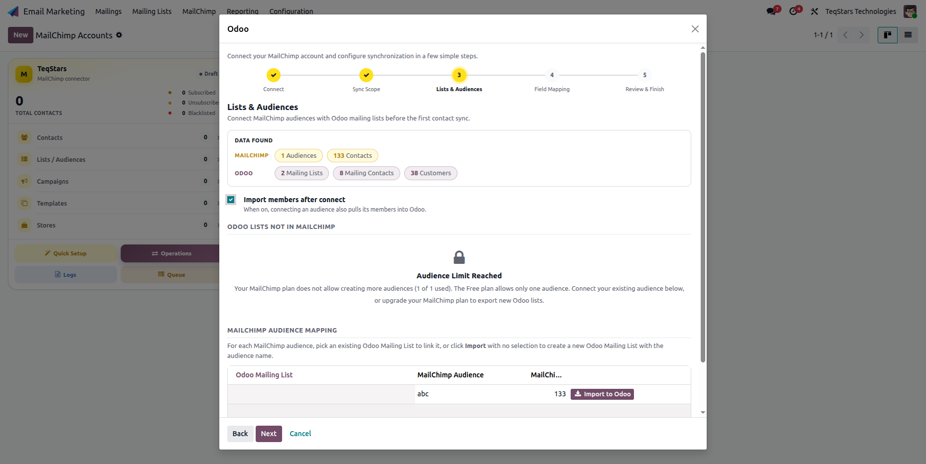 Quick Setup link MailChimp audiences with Odoo mailing lists