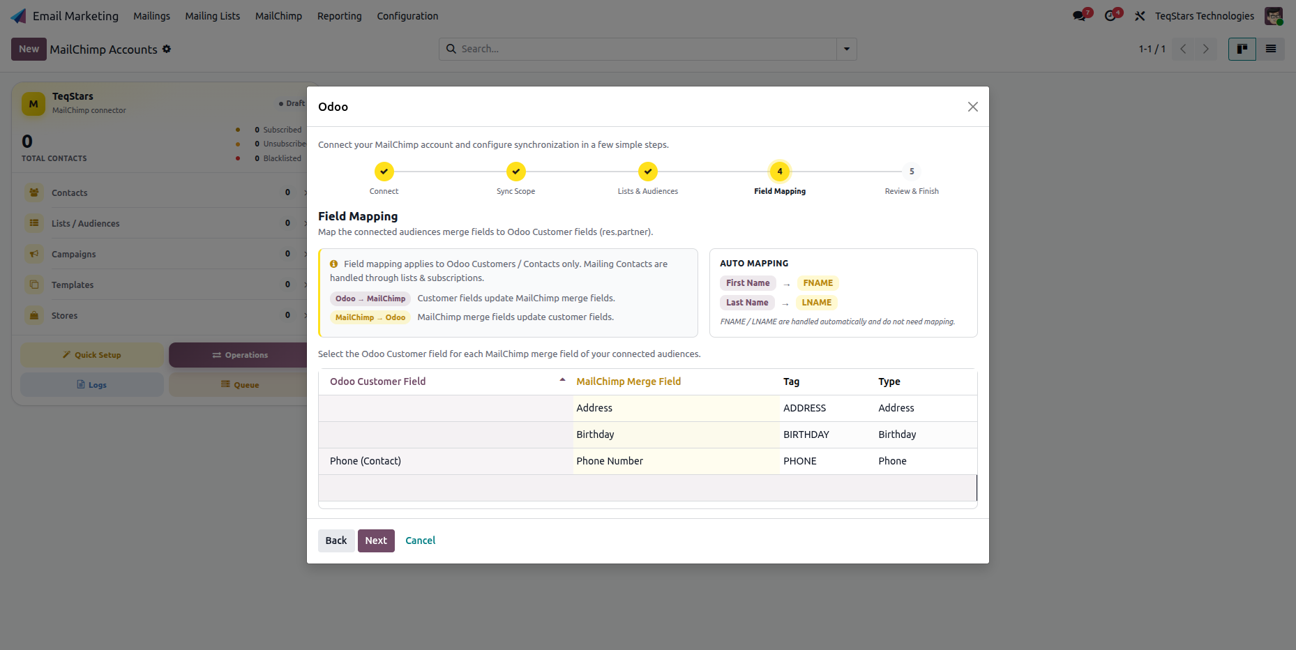 Quick Setup map MailChimp merge fields to Odoo fields