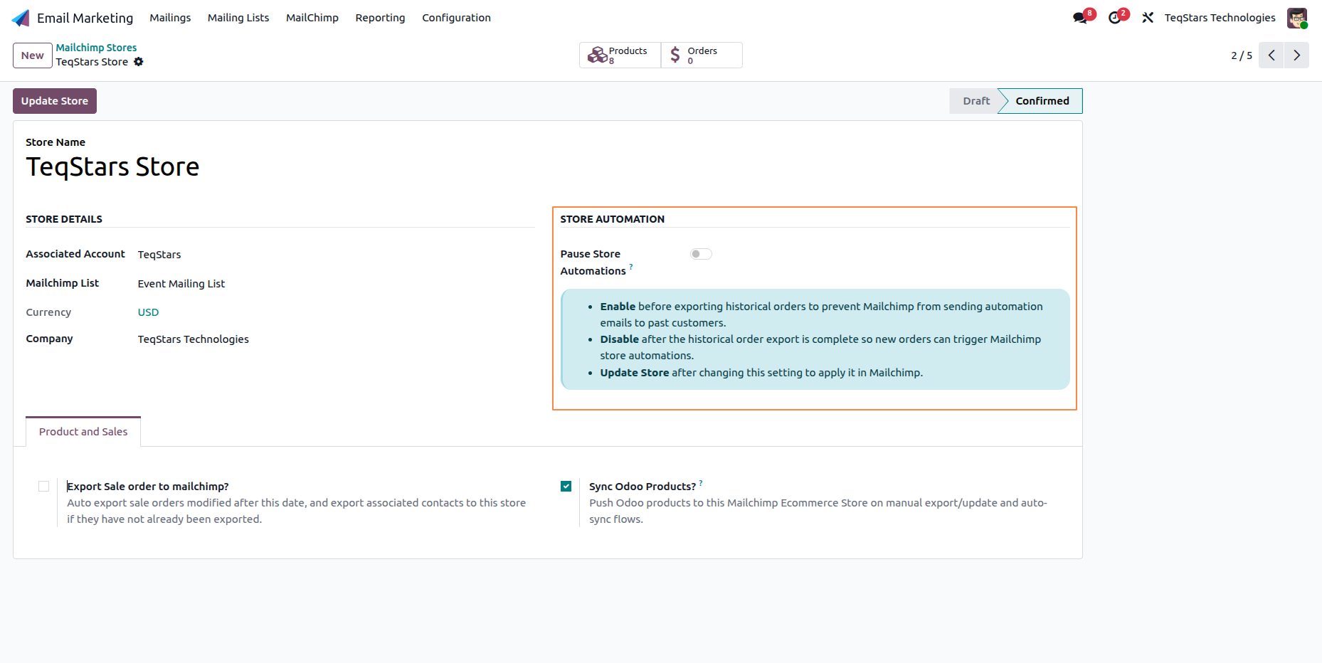 Store Automation section on the store form